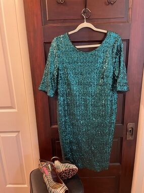 Betsey Johnson Teal Sequin Midi Dress and matching shoes.  Dress size 16 shoes 9